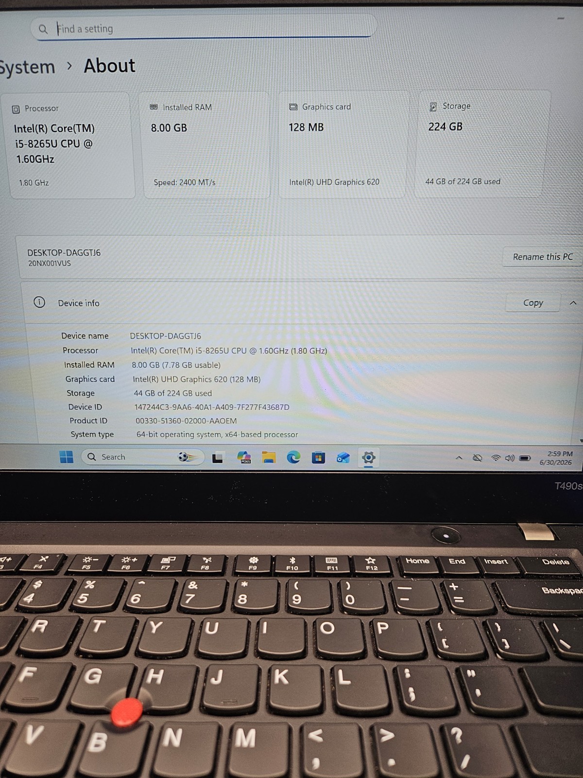 Lenovo Thinkpad T490s Core i5-8265U @ 1.60GHz 256GB SSD 8GB RAM Windows 11 Pro.