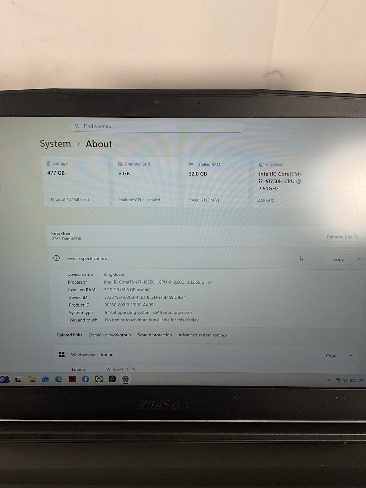 MSI THIN GF65 i7-10750H 32GB RAM 512GB SSD Laptop