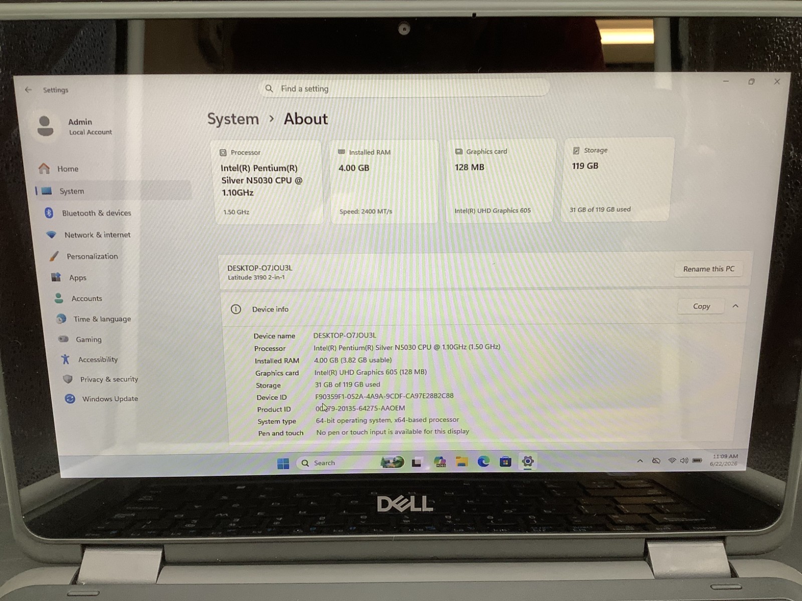 Dell Latitude 3190 2-in-1 11.6″ Pentium Silver N5030 @1.10GHz 4GB RAM 128GB Read