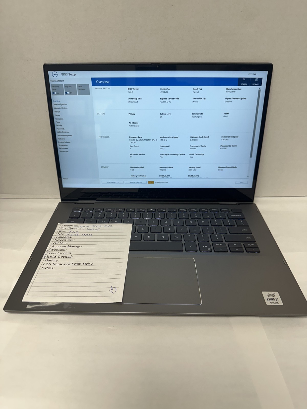 Dell Inspiron 5400 i7-1065G7 8GB RAM 512GB NVME (No OS or Charger)