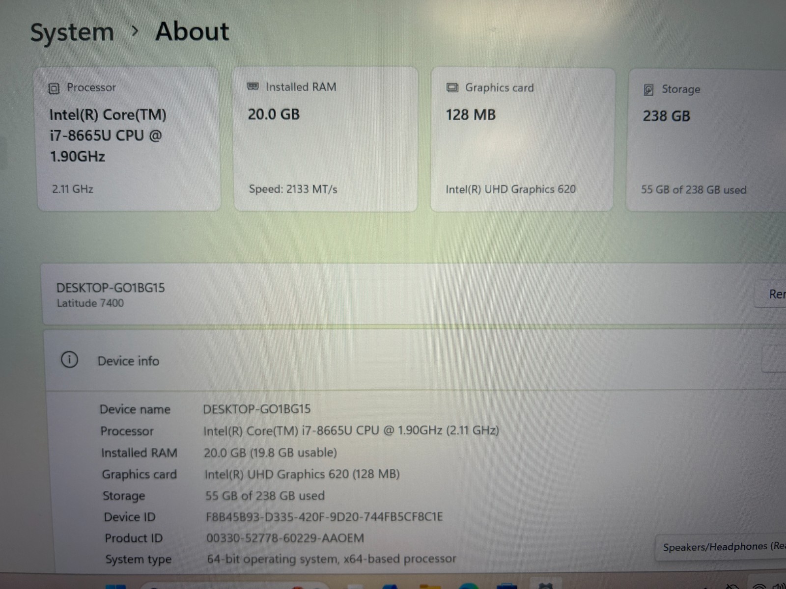 DELL LATITUDE 7400, Intel Core i7-8665U, 1.90 GHz, 20 GB RAM, 256 GB M.2