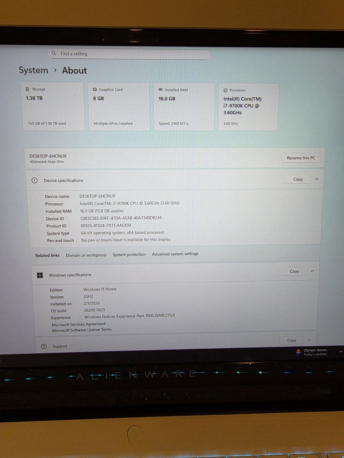 Alienware Area-51m Laptop, RTX 2080, i7-9700K, 16GB RAM, 512GB SSD + 1TB HDD