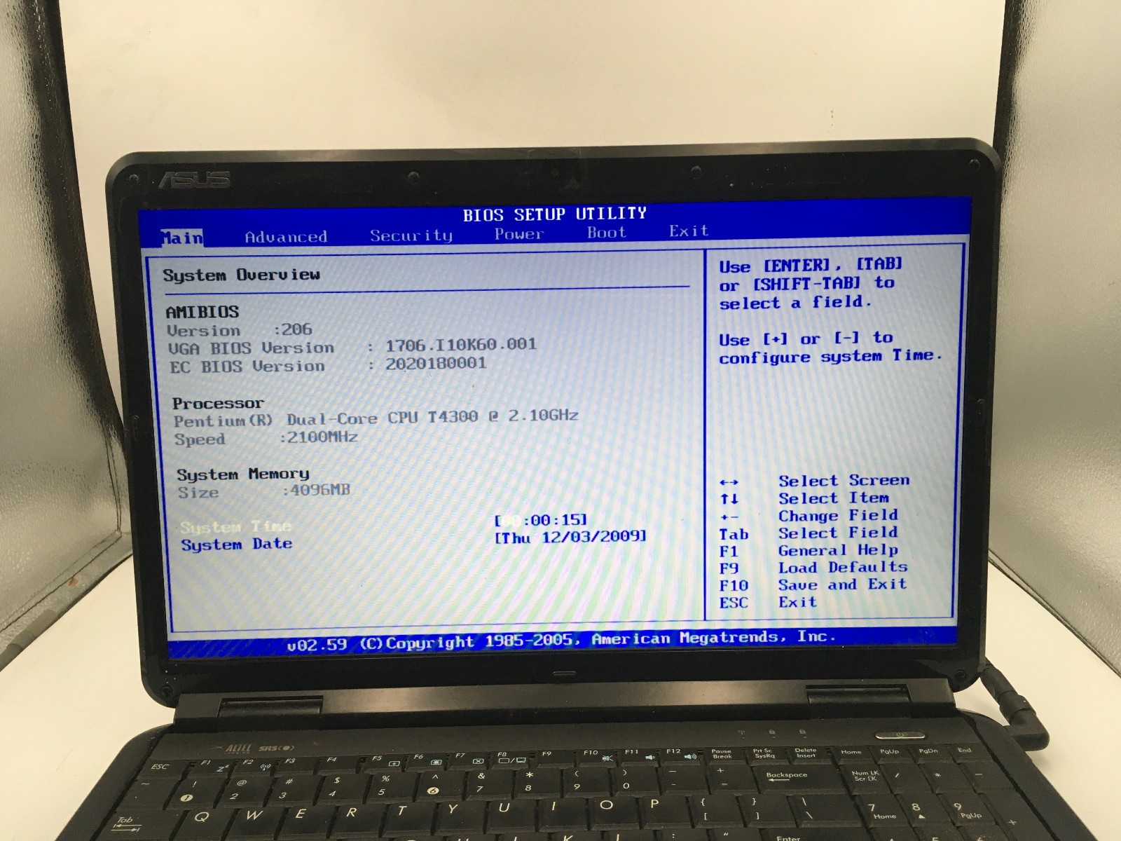 ASUS K60IJ – BOOTS TO BIOS – INTEL PENTIUM T4300 – 4GB RAM – READ DESCRRIP – BB!