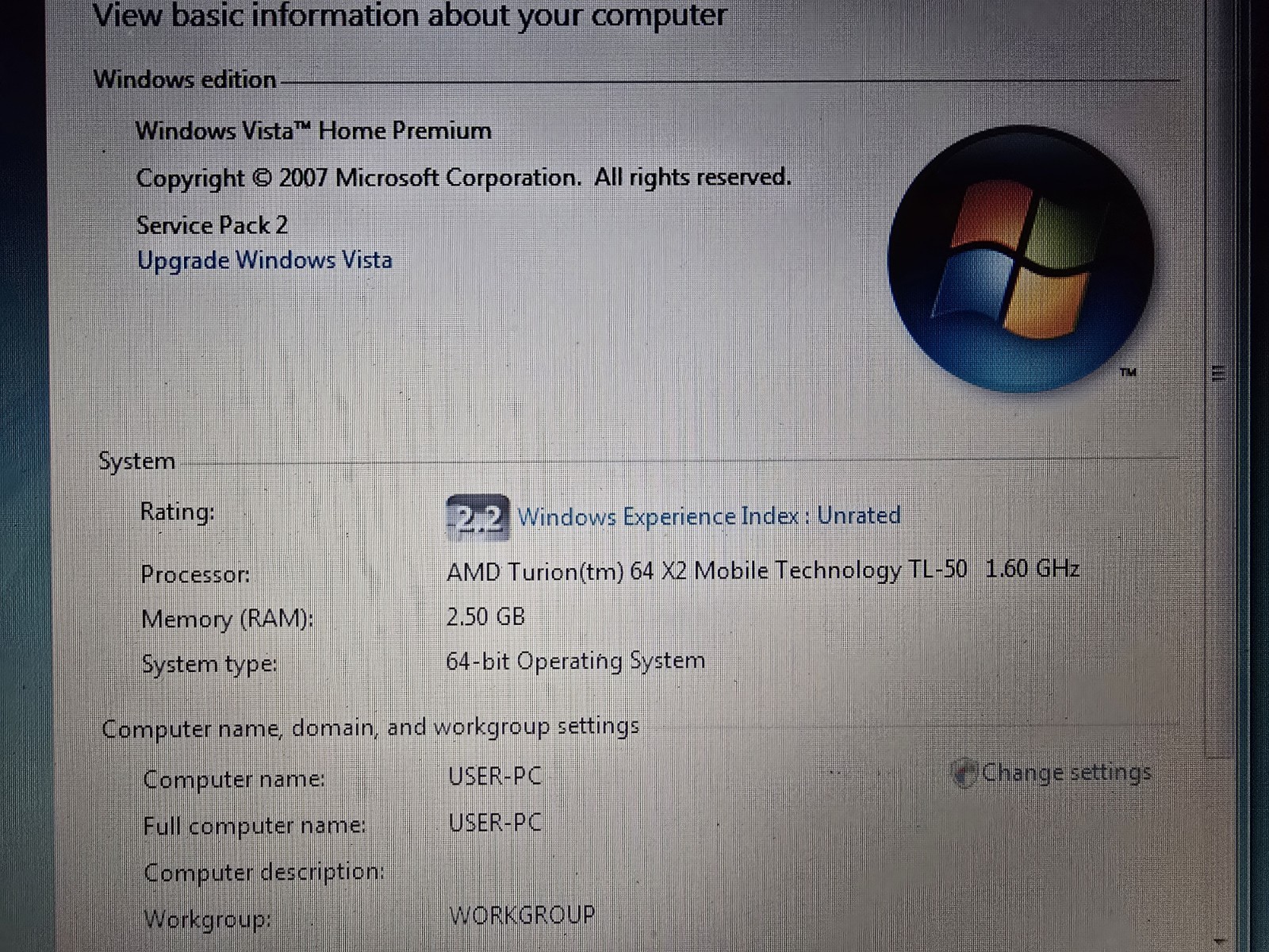 Acer Aspire 5100 Laptop AMD Turion 64 X2 TL-50 1.60 GHz 160GB HD WIN VISTA