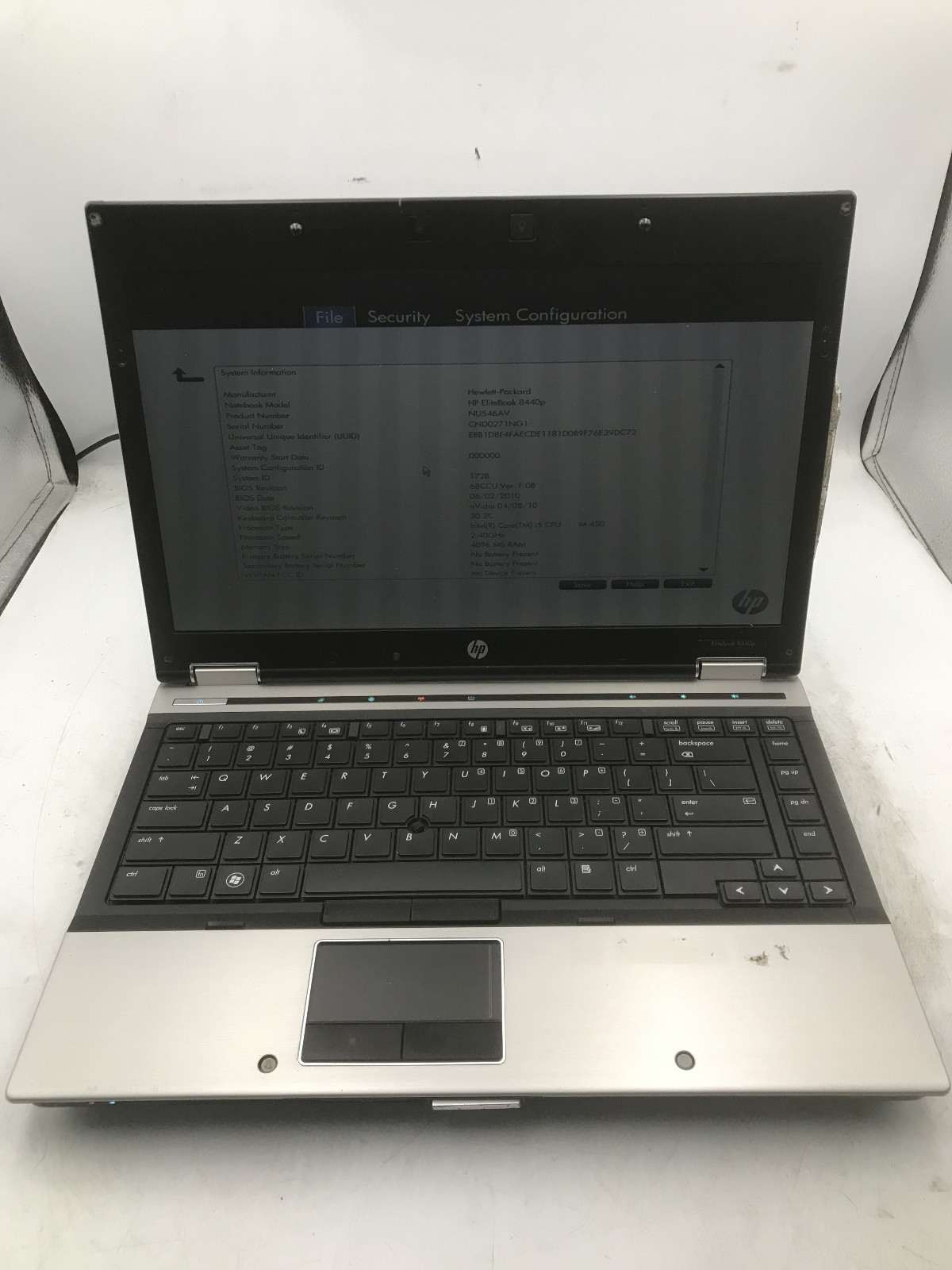 HP PROBOOK 8440P – BOOTS TO BIOS – INTEL I5 M540 – 4GB RAM – NO OS – READ – BB!!