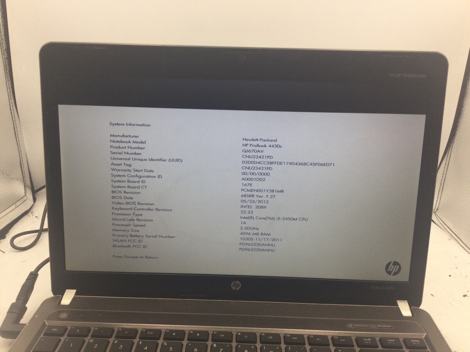HP PROBOOK 4430s – BOOTS TO BIOS – INTEL I5 2450M – 4GB RAM -READ DESCRIPTION-BB