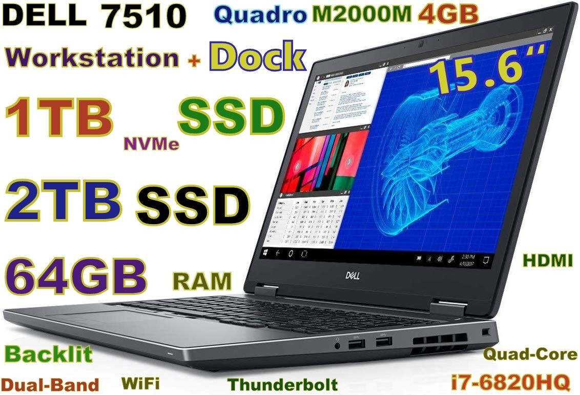 Workstation DELL 7510 Core-i7 QUAD 3TB SSD 64GB 15.6″ FHD NV M2000 4GB Docking