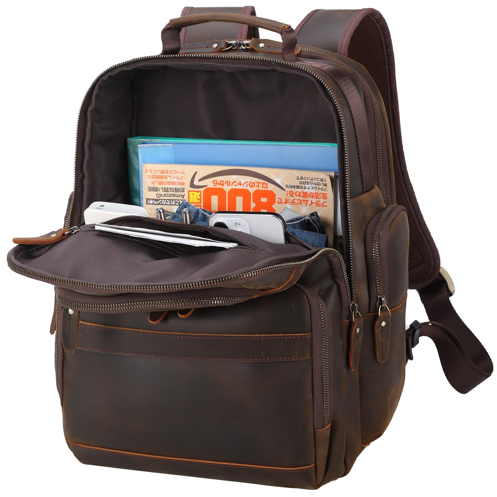 TIDING Full Grain Leather Backpack Men Laptop Bag 15.6″ Business Travel Hiking