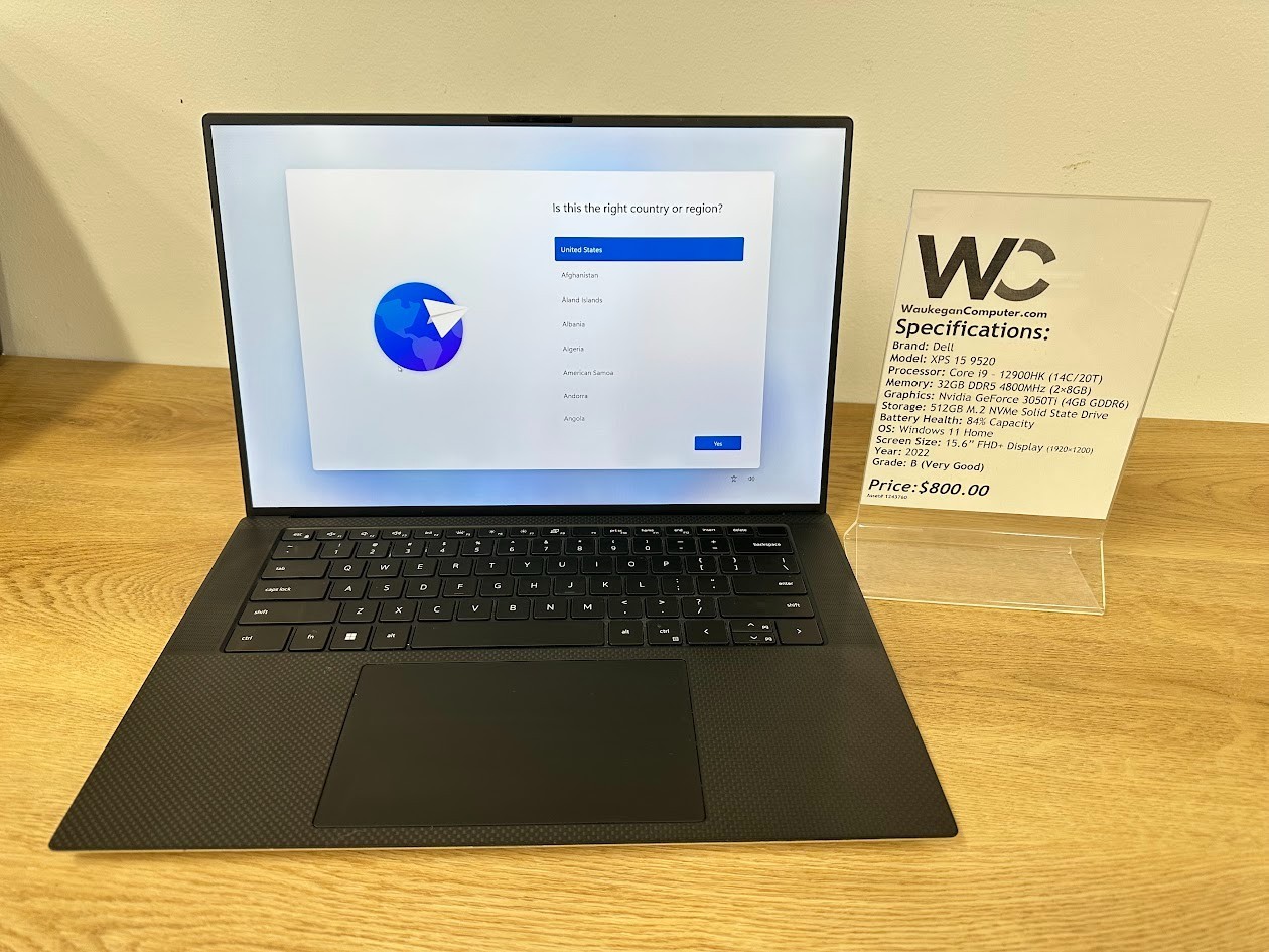 Dell XPS 15 9520, Core i9 12900HK, 32GB DDR5, Nvidia GeForce 3050Ti, 512GB SSD