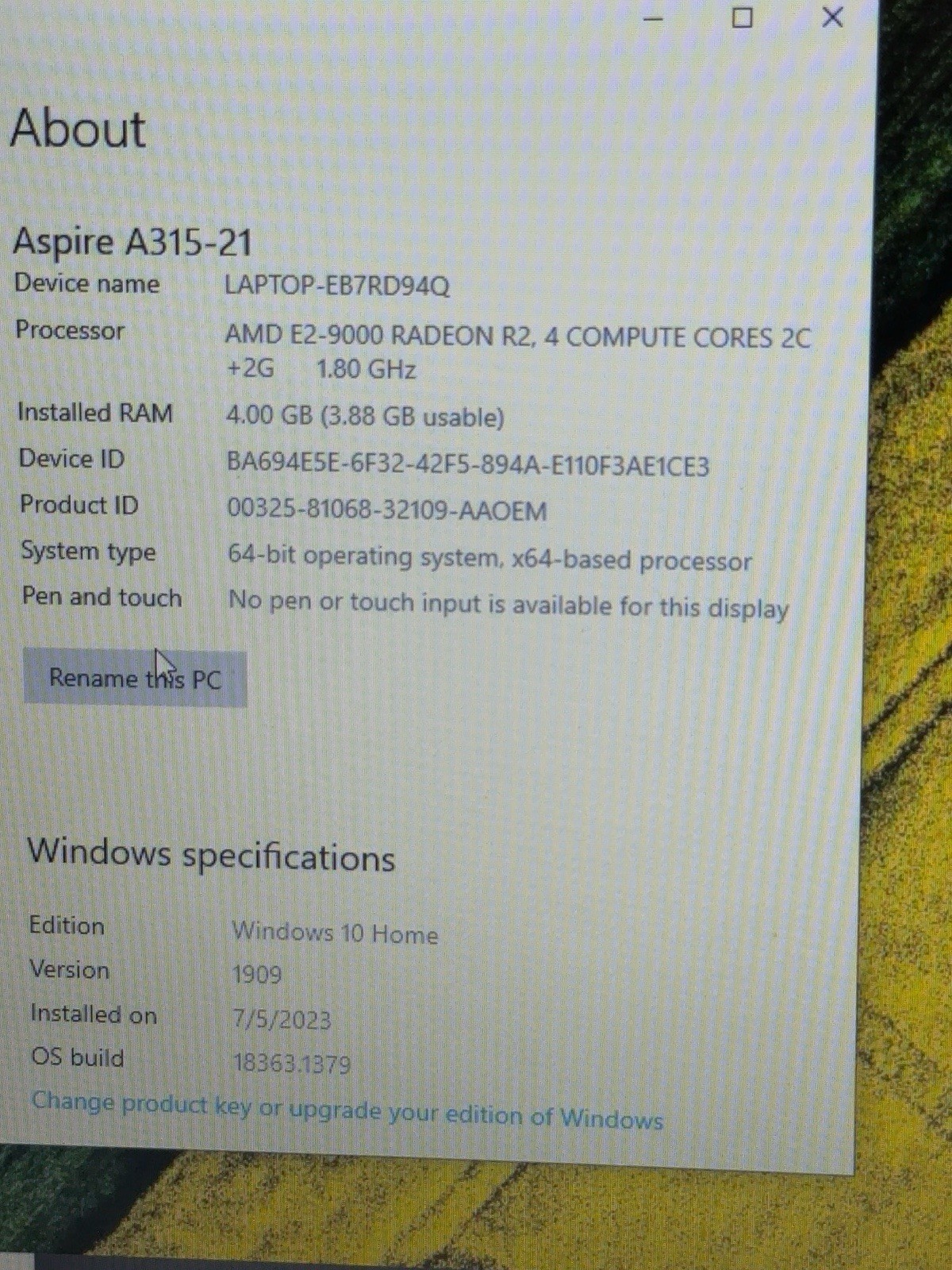 Acer Aspire 3 A315-21-274E 15.6 Laptop AMD E2-9000 4GB RAM Win 10 Charger