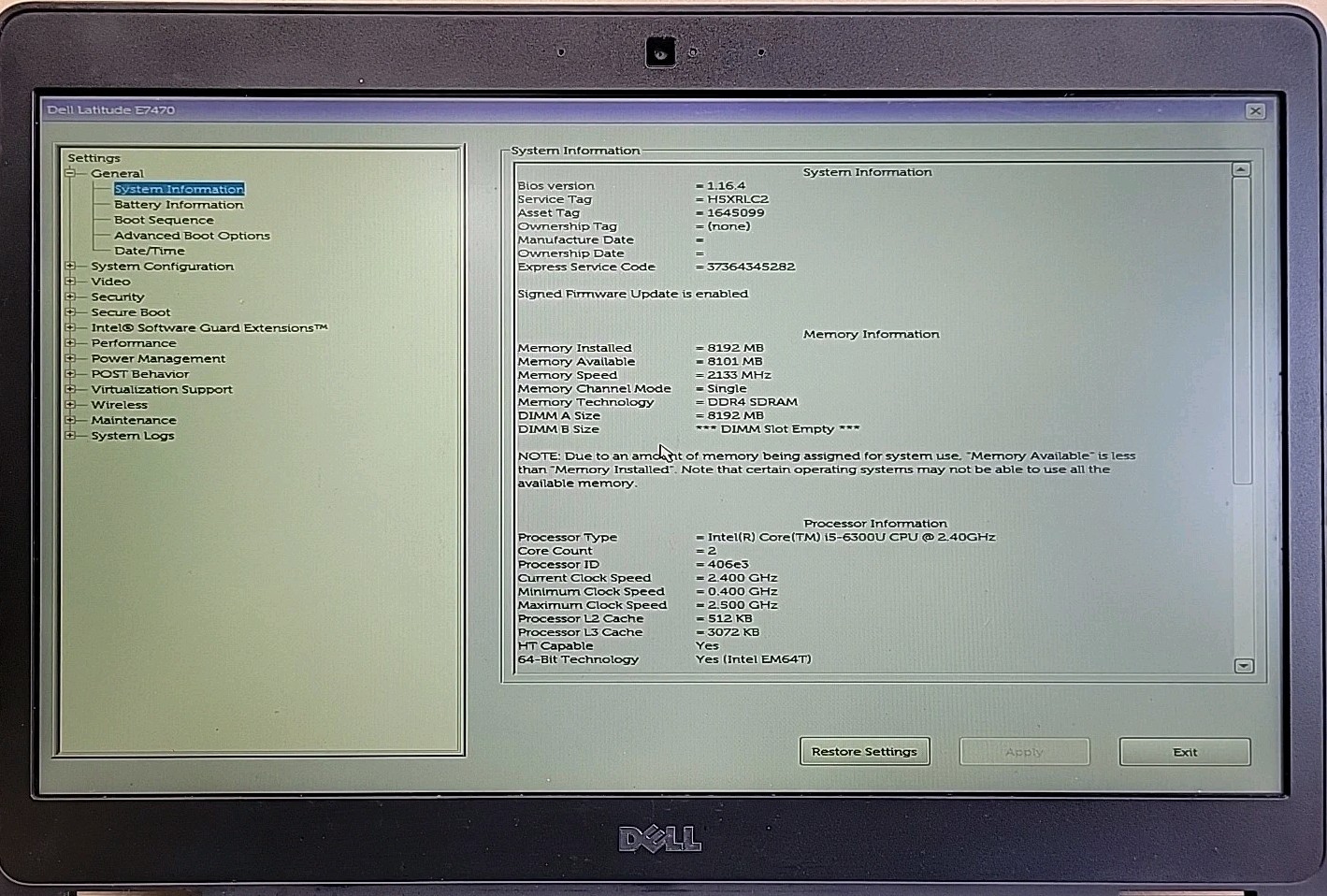 Dell Latitude E7470, Intel Core i5-6300U @ 2.4GHz, 8GB RAM, NO SSD, NO OS