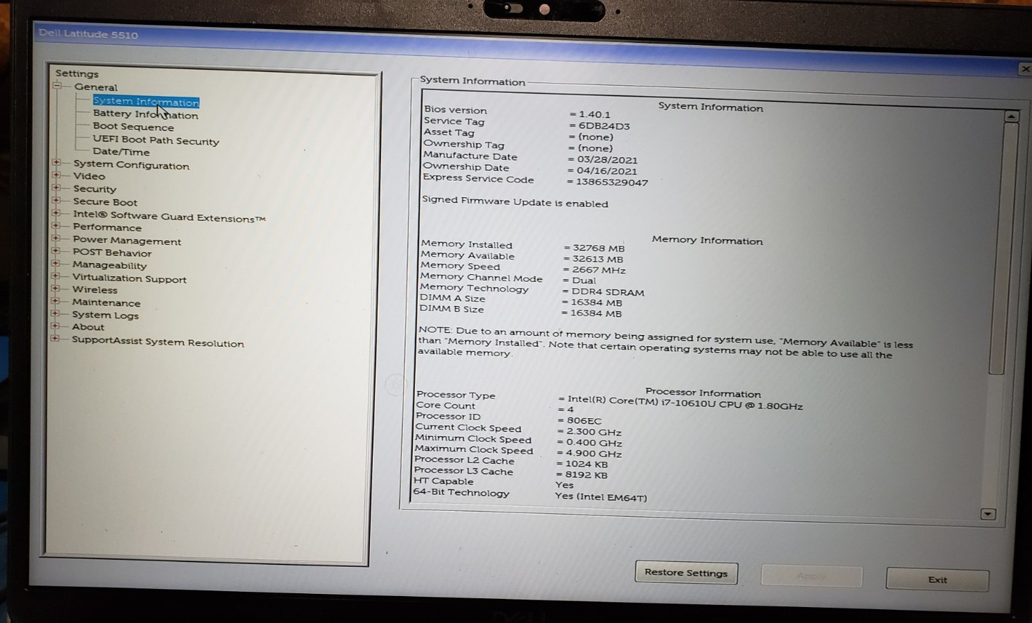 Dell Latitude i7- 5510 15.6″ Intel Core i7-10610U 1.80 GHz 32GB RAM 512GB NVME