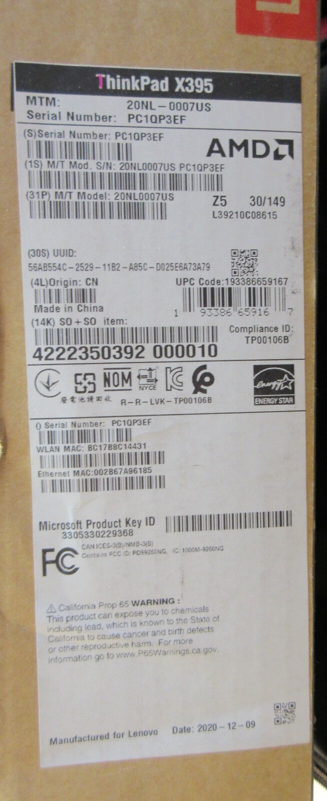 Lenovo Thinkpad X395 AMD Ryzen 7 Pro 3700U 8GB RAM 256GB SSD FHD NEW