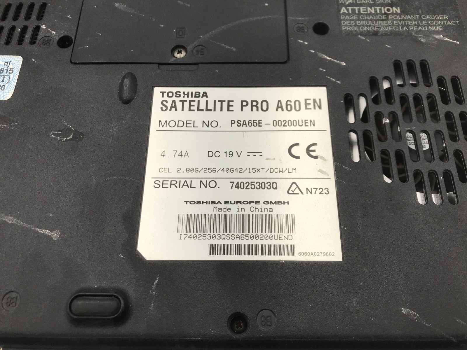 TOSHIBA SATELLITE PRO A60 – BOOTS TO BIOS – INTEL CELERON – 256MB RAM – READ -BB