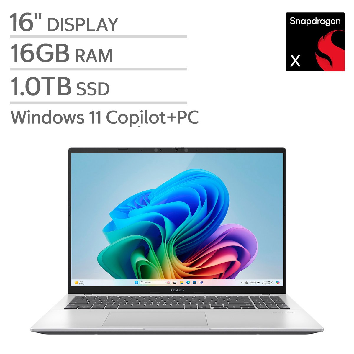 ASUS Vivobook 16″ FHD+ WUXGA Copilot+ PC Laptop Snapdragon X 16GB 1TB SSD W11