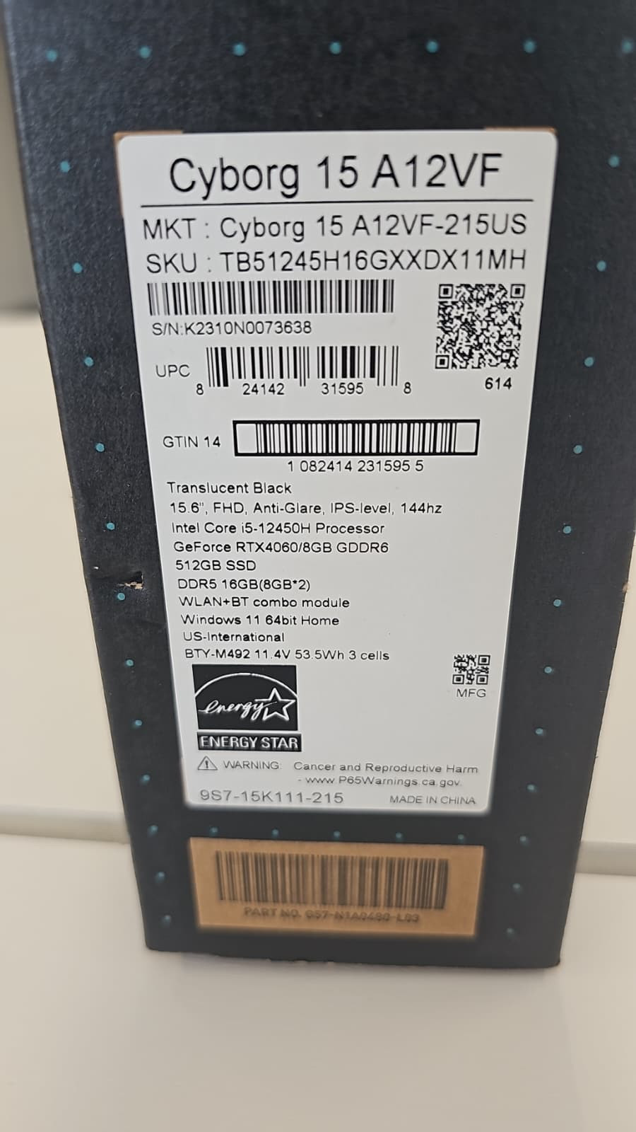 New MSI Cyborg 15 A12VF 15in i7 64GB 1TB SSD RTX Windows 11 Backlit GAMING