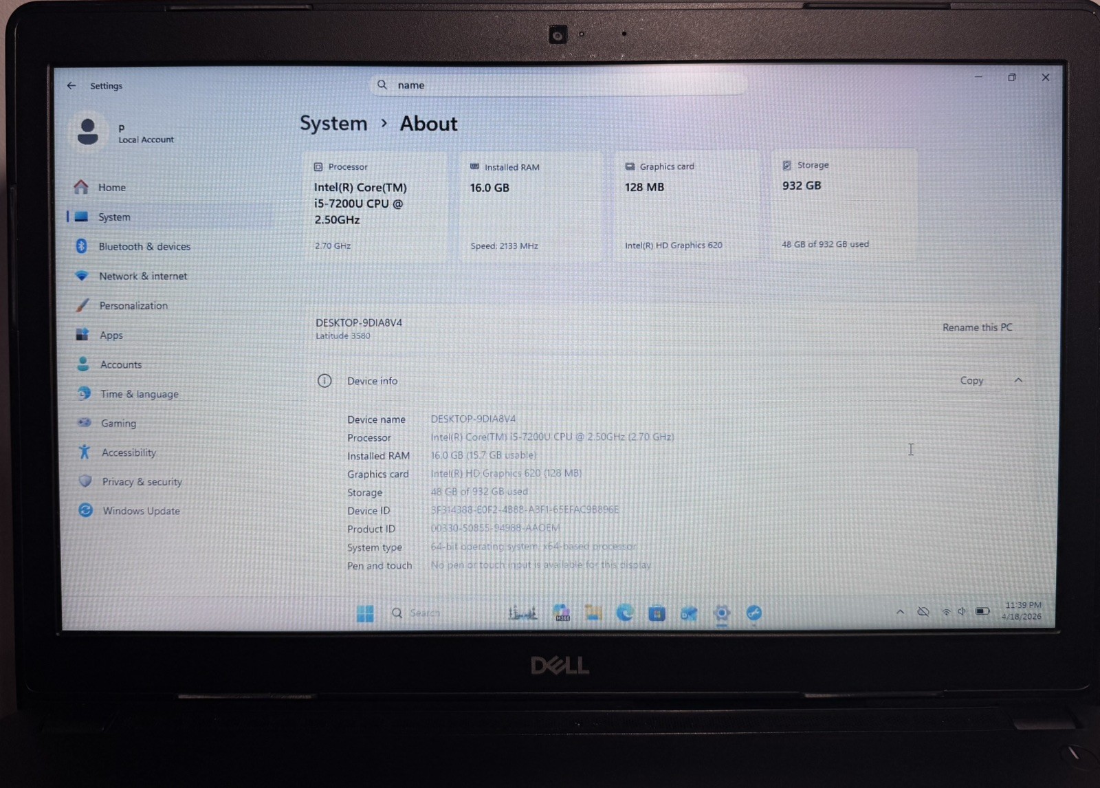DELL Latitude 3580 i5 15.6″ 16GB RAM 1TB HDD WIN11P READ