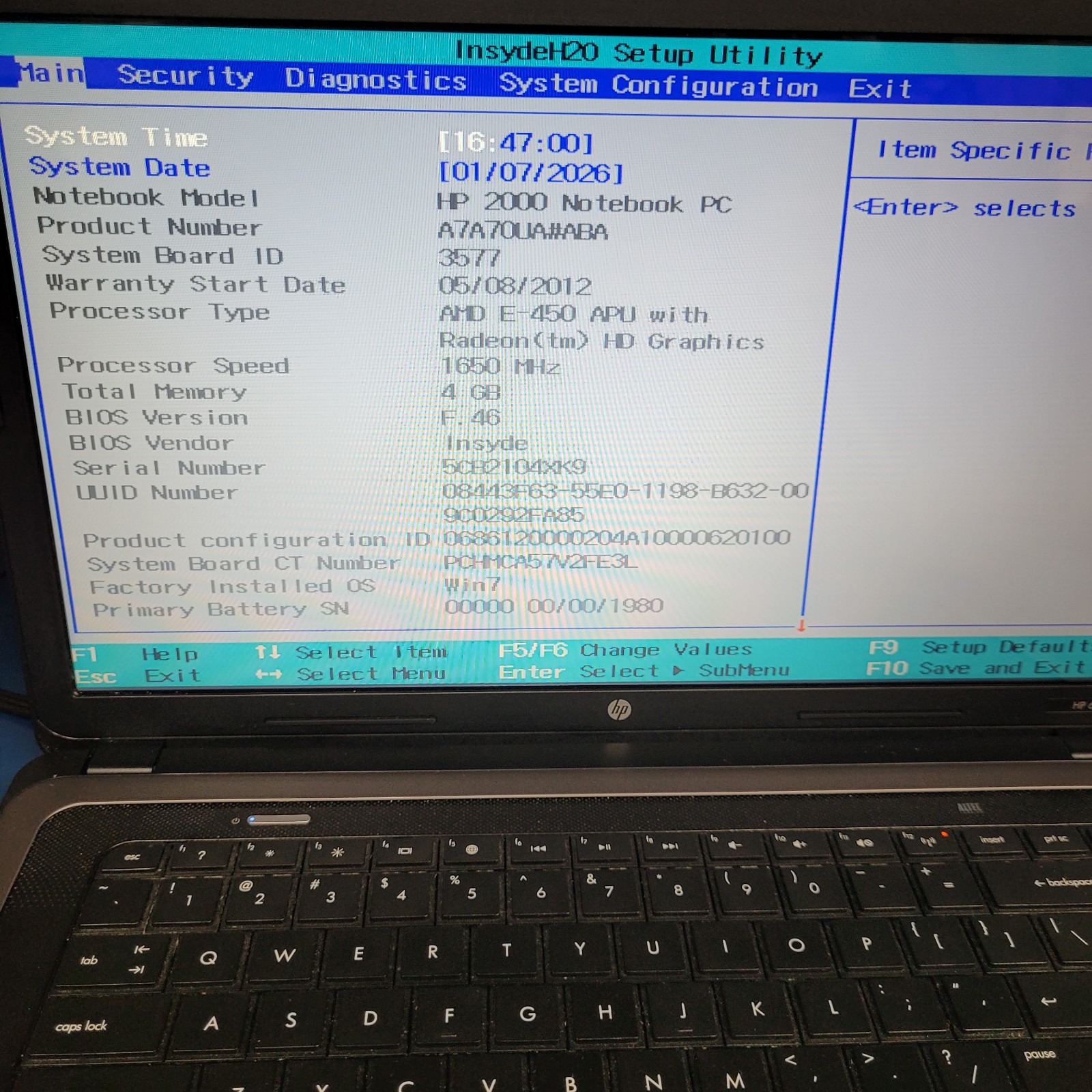 HP Pavilion G60 /AMD E-450 / 4 GB RAM / NO HDD
