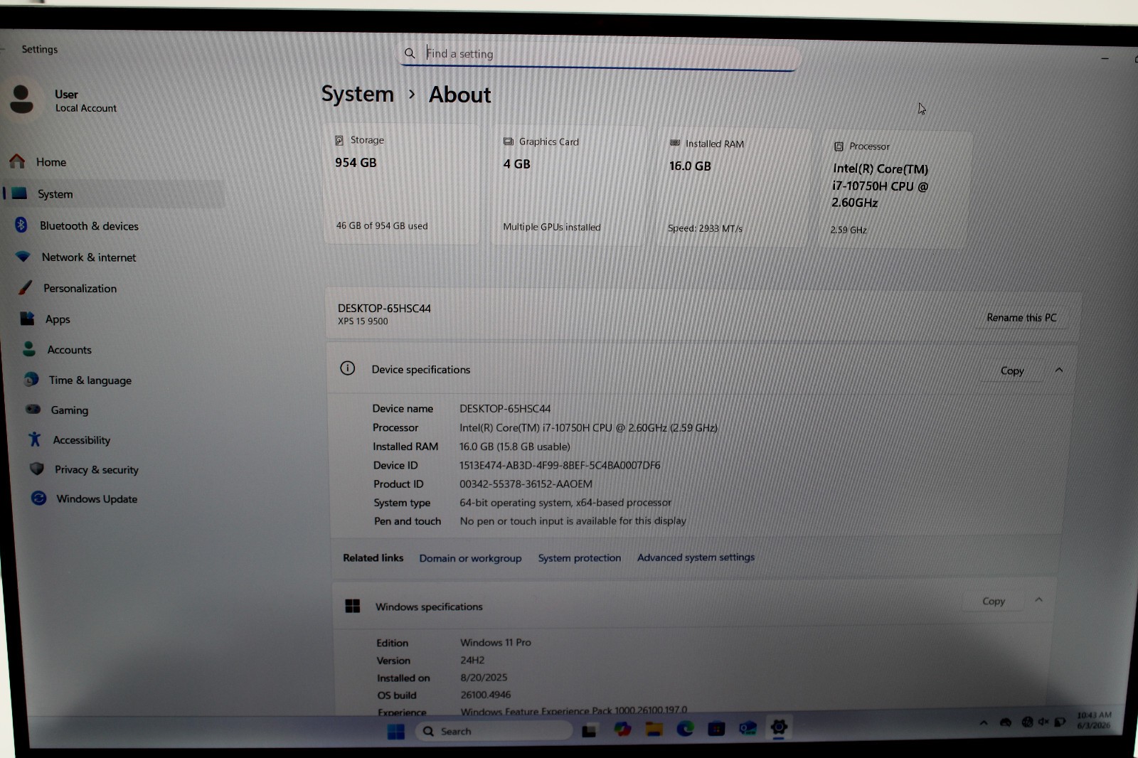 Dell XPS 15 9500 i7-10875H @ 2.6 GHz 16GB RAM 1 TB SSD GTX 1650 Ti W11Pro