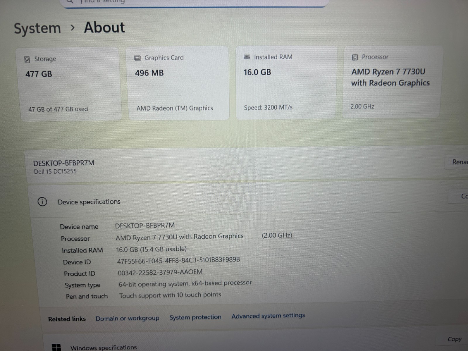 DELL 15 DC15255 G8MK9, AMD Ryzen 7 7730U, 2.00 GHz, 16 GB RAM, 512 GB NVMe SSD