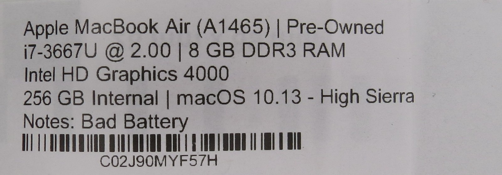 2012 MacBook Air A1465 | i7-3667U | 8GB DDR3 RAM | 256GB HDD | macOS 10.13