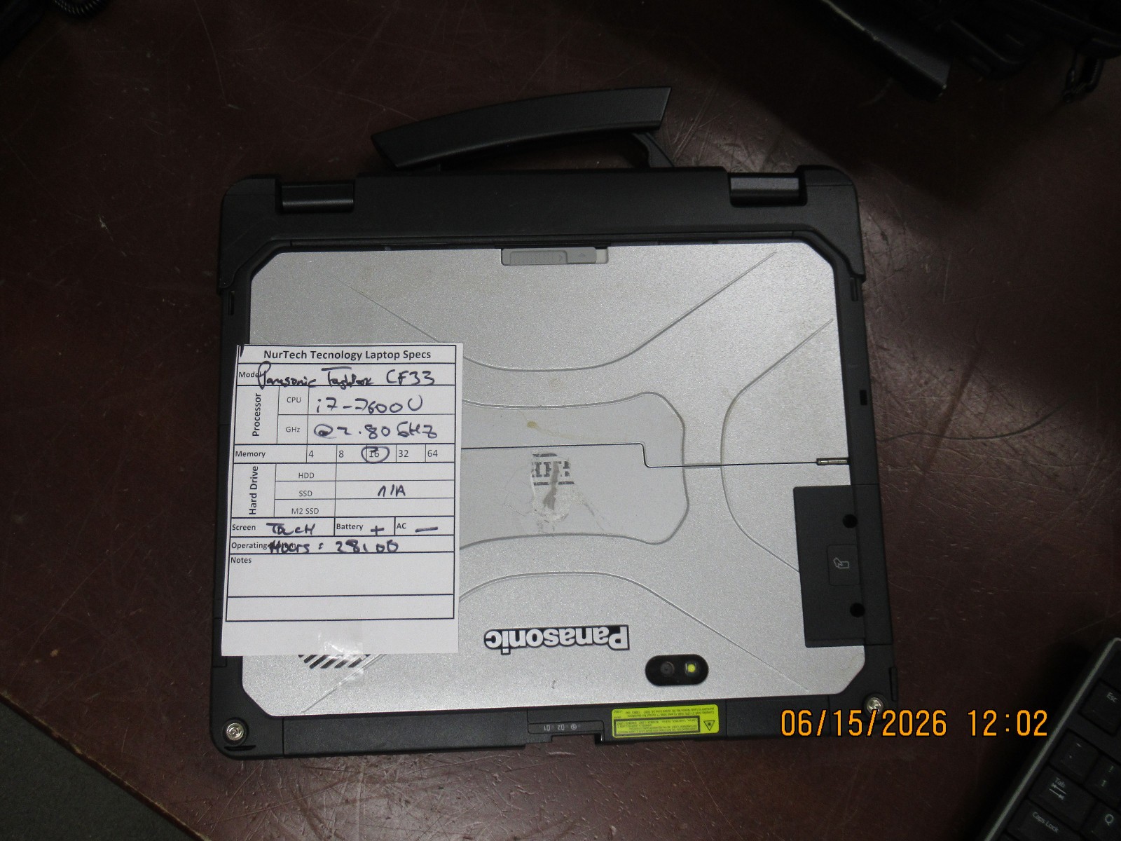 Panasonic Toughbook CF-33 2.8GHz i7-7600U 16GB 28100Hours Laptop+Stylus NO HD/AC