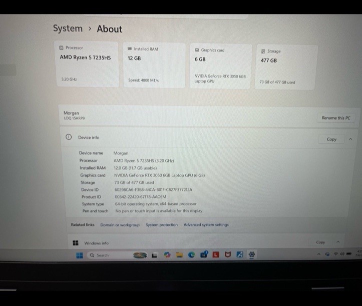 Lenovo LOQ 15ARP9 15.6″ Ryzen 5 7235HS 12GB 477GB SSD RTX 3050 W11