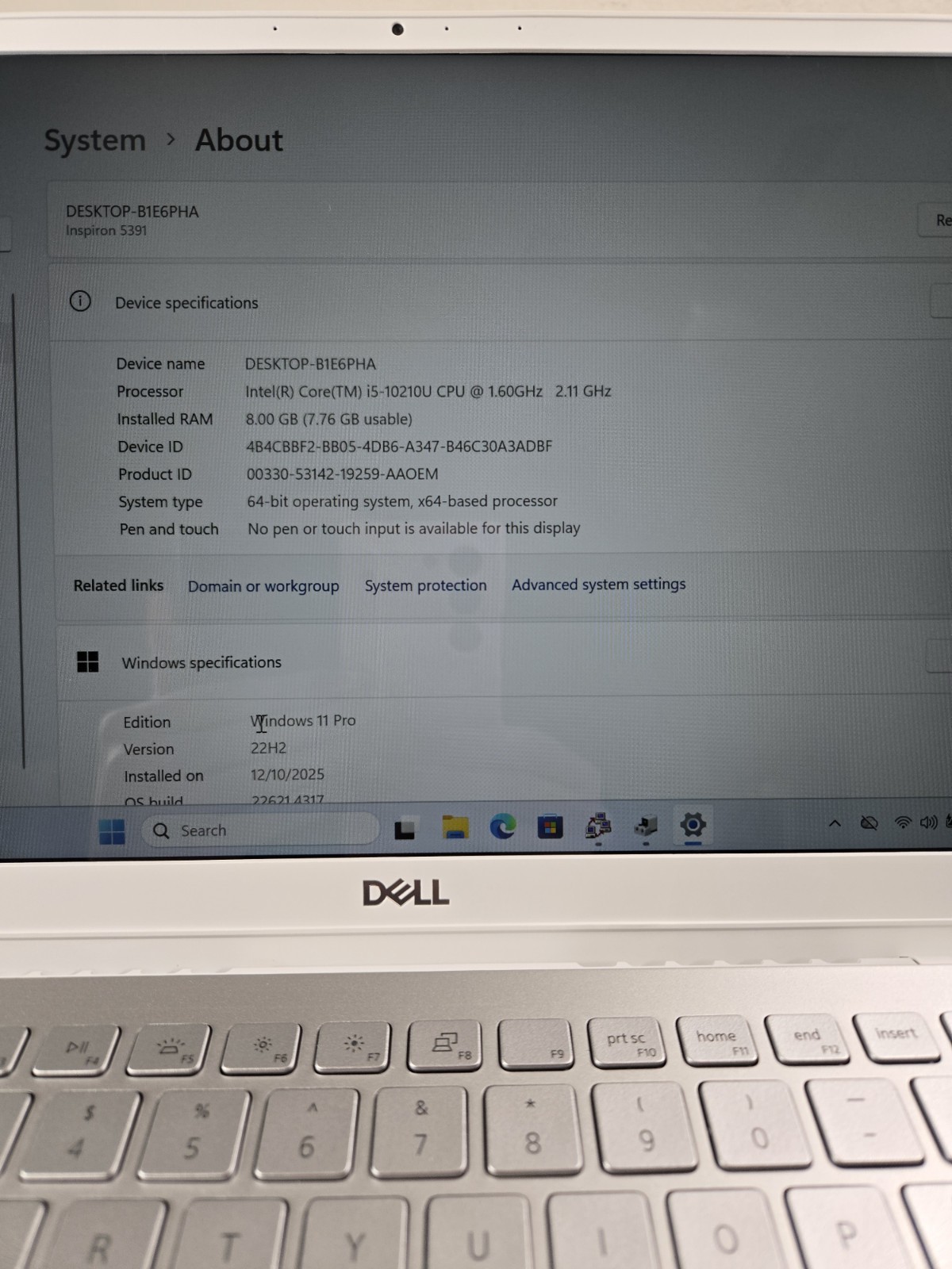 DELL Inspiron 5391 i5-10210U 1.6GHz 8Gb RAM 256Gb NVMe Win11Pro