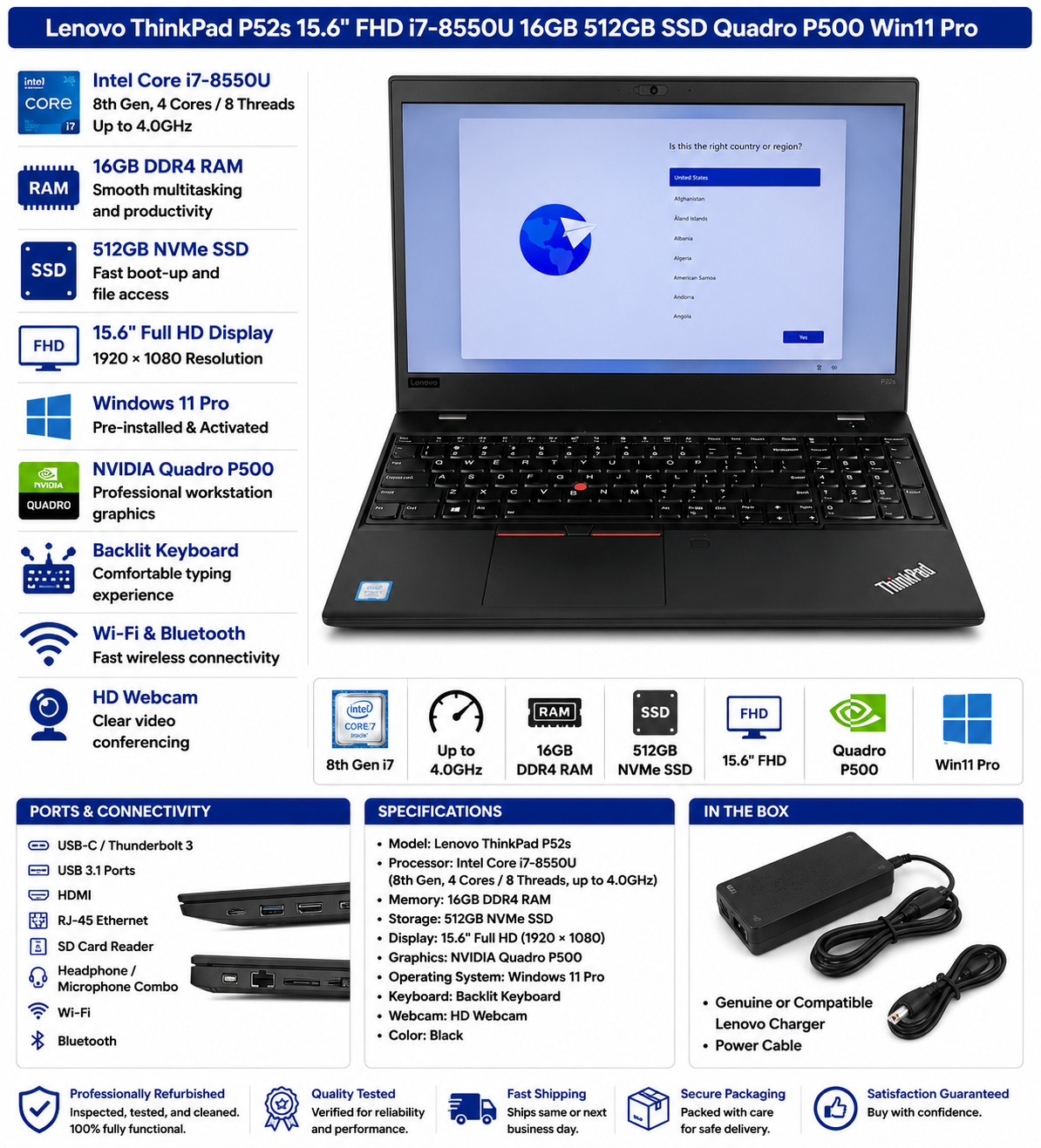 Lenovo ThinkPad P52s 15.6″ FHD i7-8550U 16GB RAM 512GB SSD Quadro P500 Win11 Pro