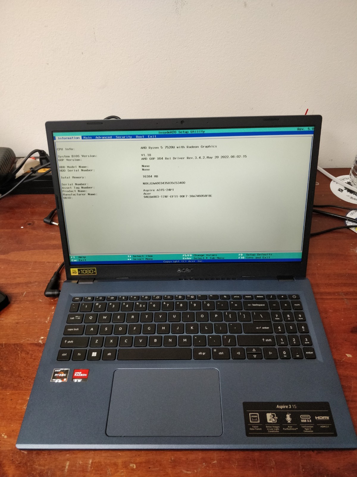 Acer Aspire 3 A315-24PT AMD Ryzen 5-7520U@2.80GHz 8GB RAM NO DRIVE PARTS 9016