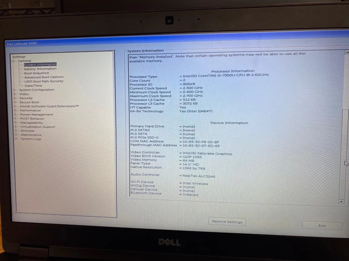 Dell Latitude 5480, i5-7300U, 8GB RAM, No SSD, For Parts
