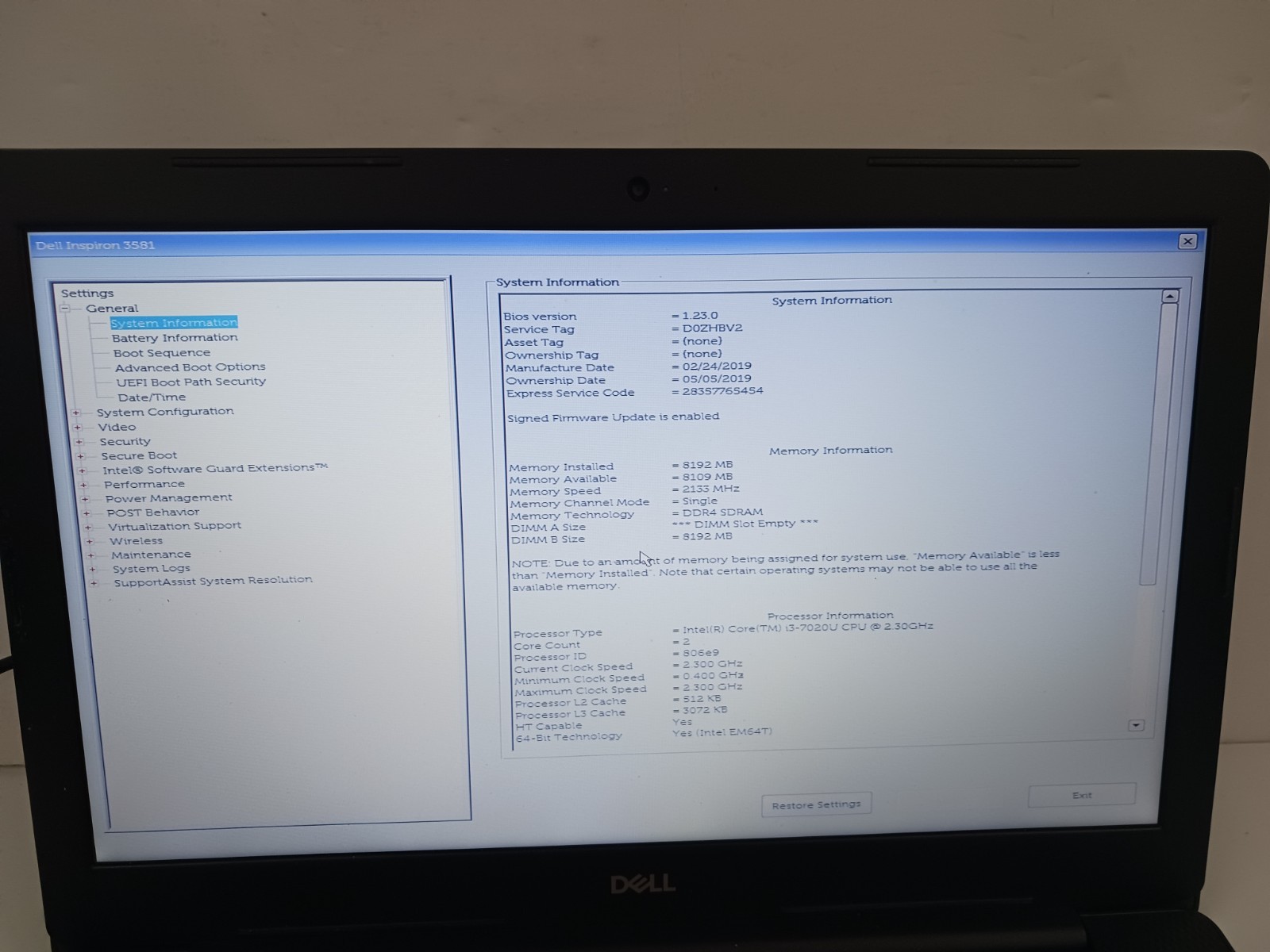 15.5″ DELL Inspiron 3581 Intel Core i3-7020U @ 2.30 GHz 8 GB RAM 128 SSD, No OS