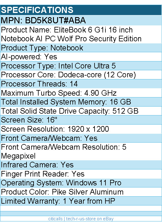 HP BD5K8UT#ABA EliteBook 6 G1i 16″ Notebook – WUXGA – Intel Core Ultra 5 235U