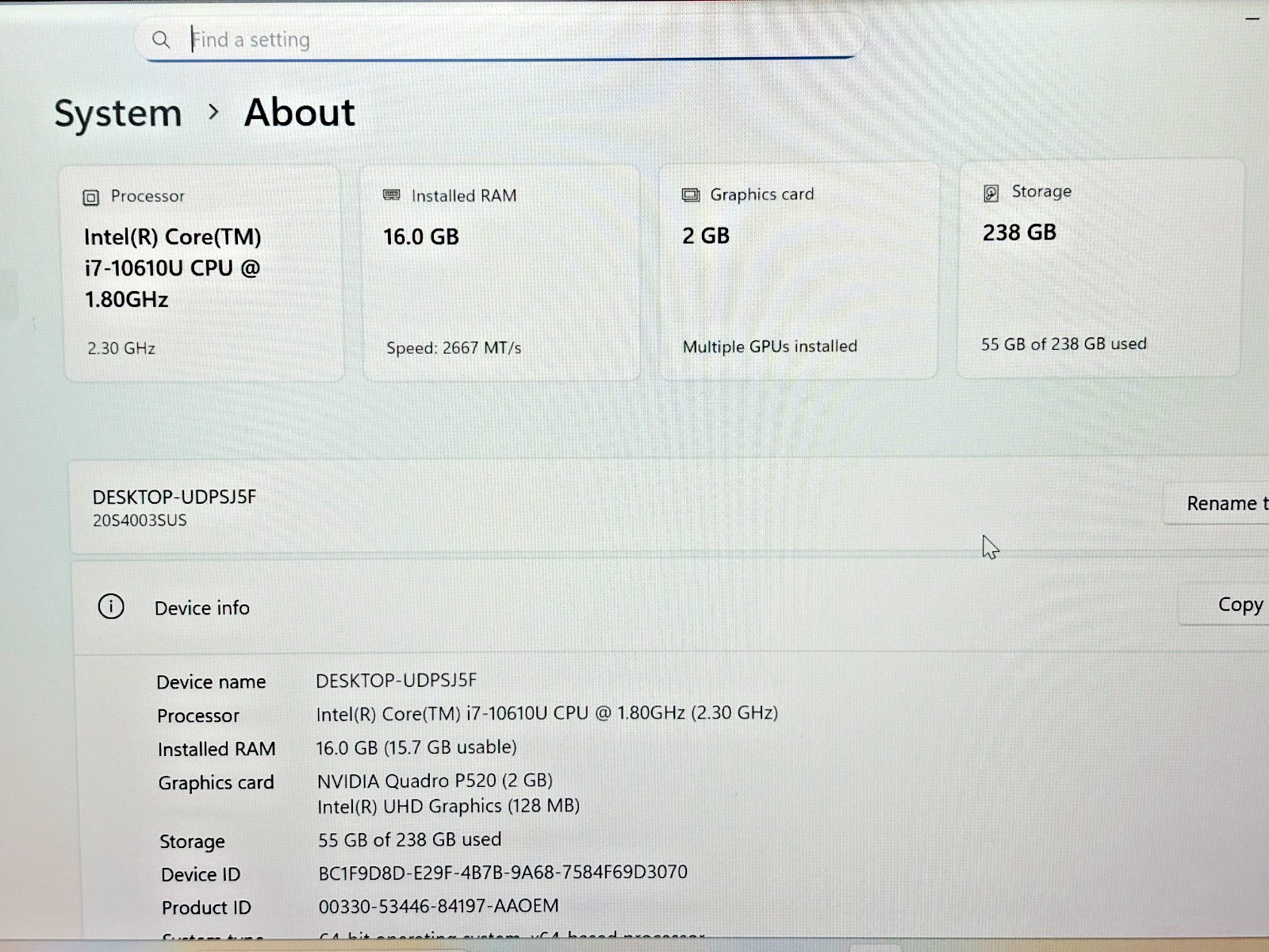 Lenovo ThinkPad P14s G. 1 Intel i7-10th Gen 1.80GHz 16GB RAM 256GB SSD W 11 Pro*