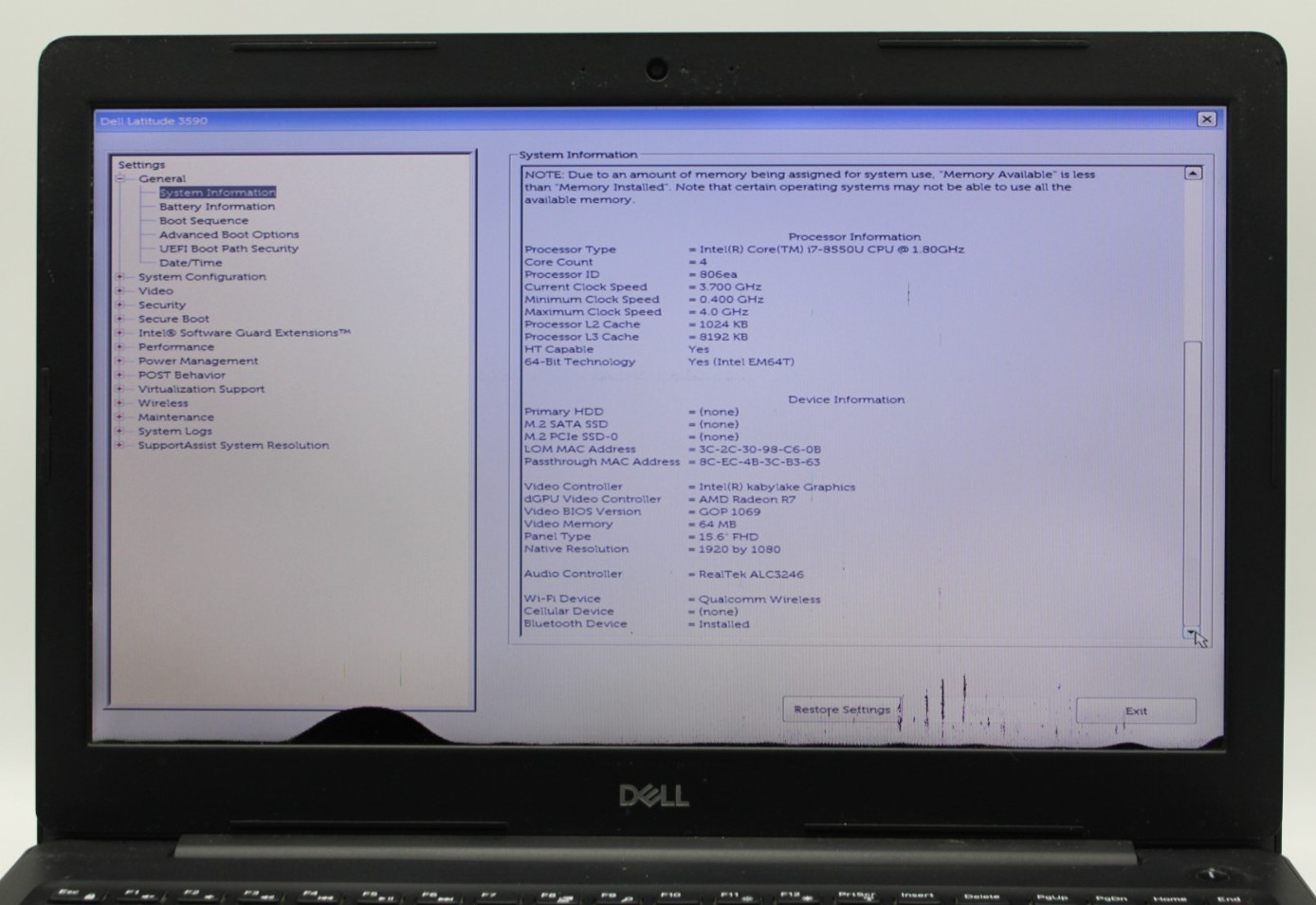 Dell Latitude 3590 i7-8550U@1.8GHz 8GB DDR4 NO STORAGE/OS *USED/TESTED*