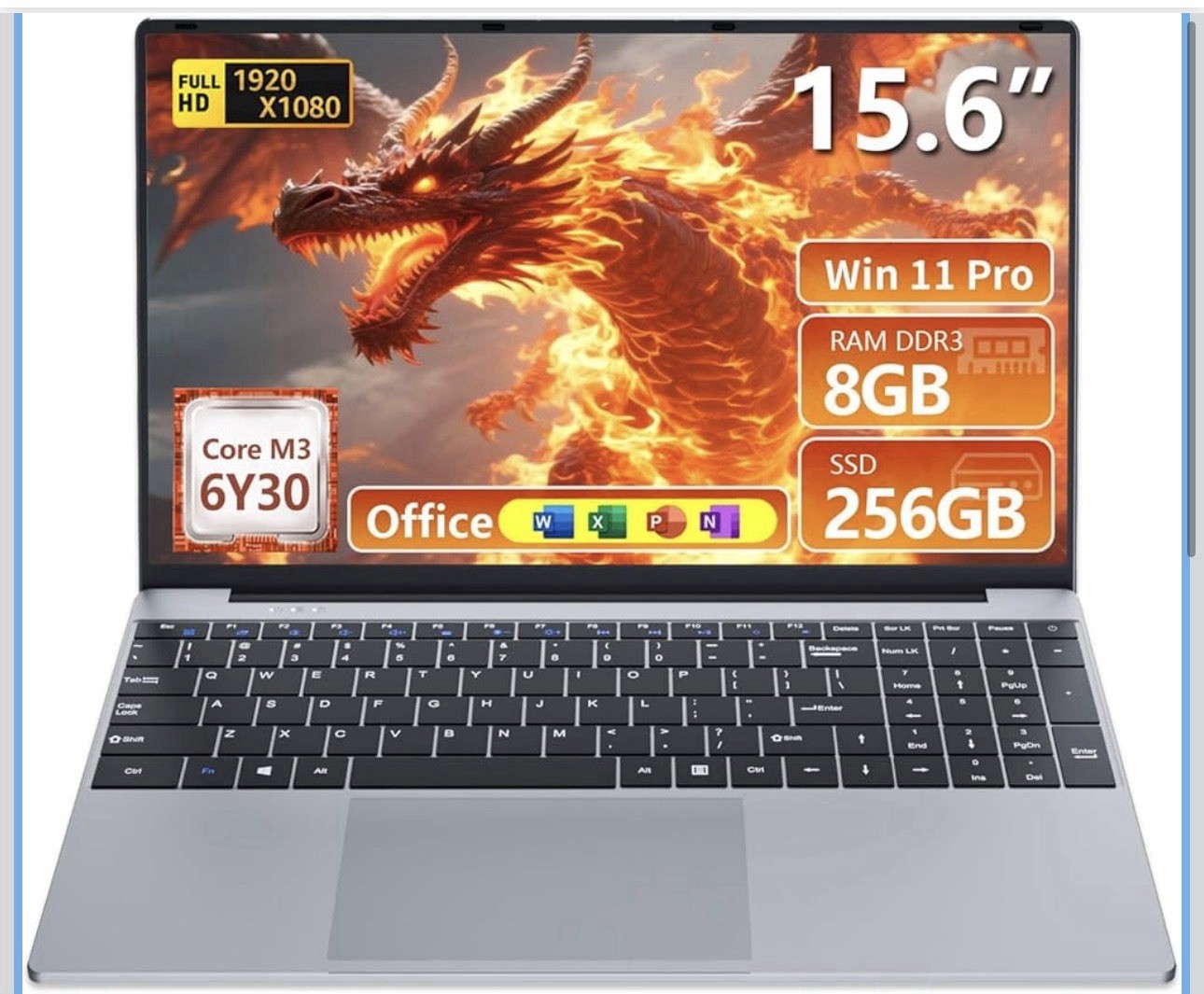 2026 15.6″ IPS 1080P Laptop Core M3-6Y30 CPU, 8GB RAM 256GB SSD, Win 11/Office