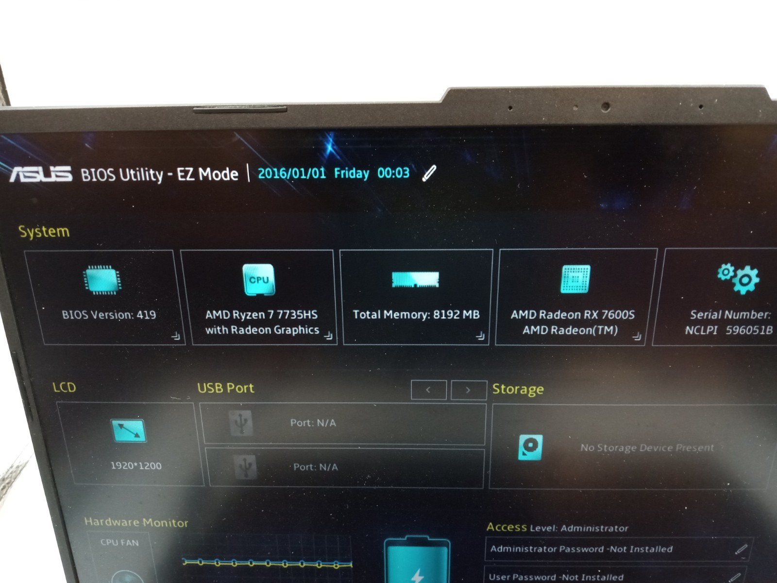 Asus TUF Gaming A16 FA617NS 15.6″ AMD Ryzen 7 7735HS Radeon RX 7600S BOOTS READ