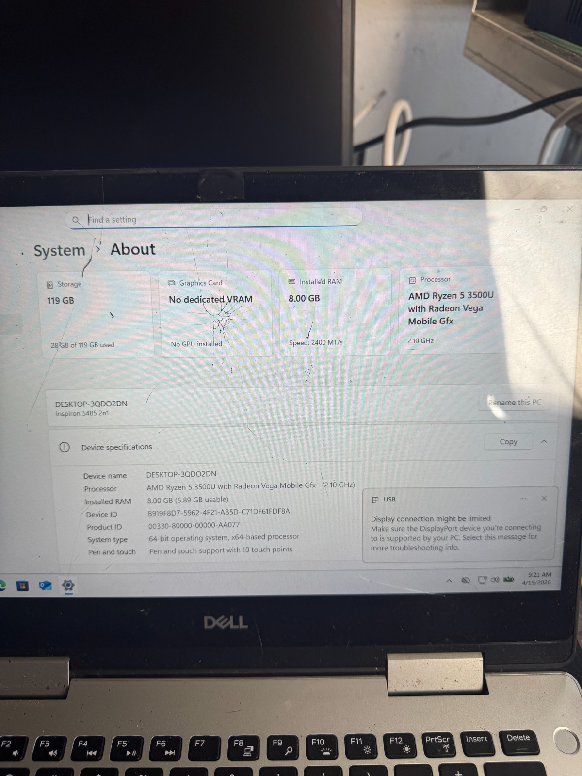 Dell Inspiron 5485 2 in 1 Ryzen 5 3500U, 8GB RAM, 120GB SSD, Win11 *READ #5299