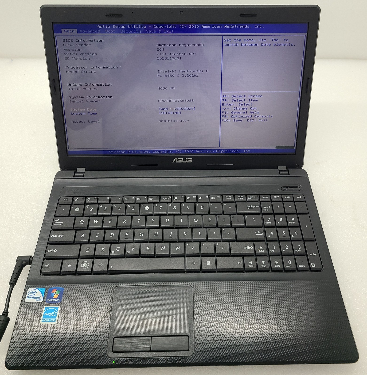 Asus K54C-5KSX Laptop Intel Pentium B960 2.2 GHz 4 GB RAM NO HD/OS (FL)