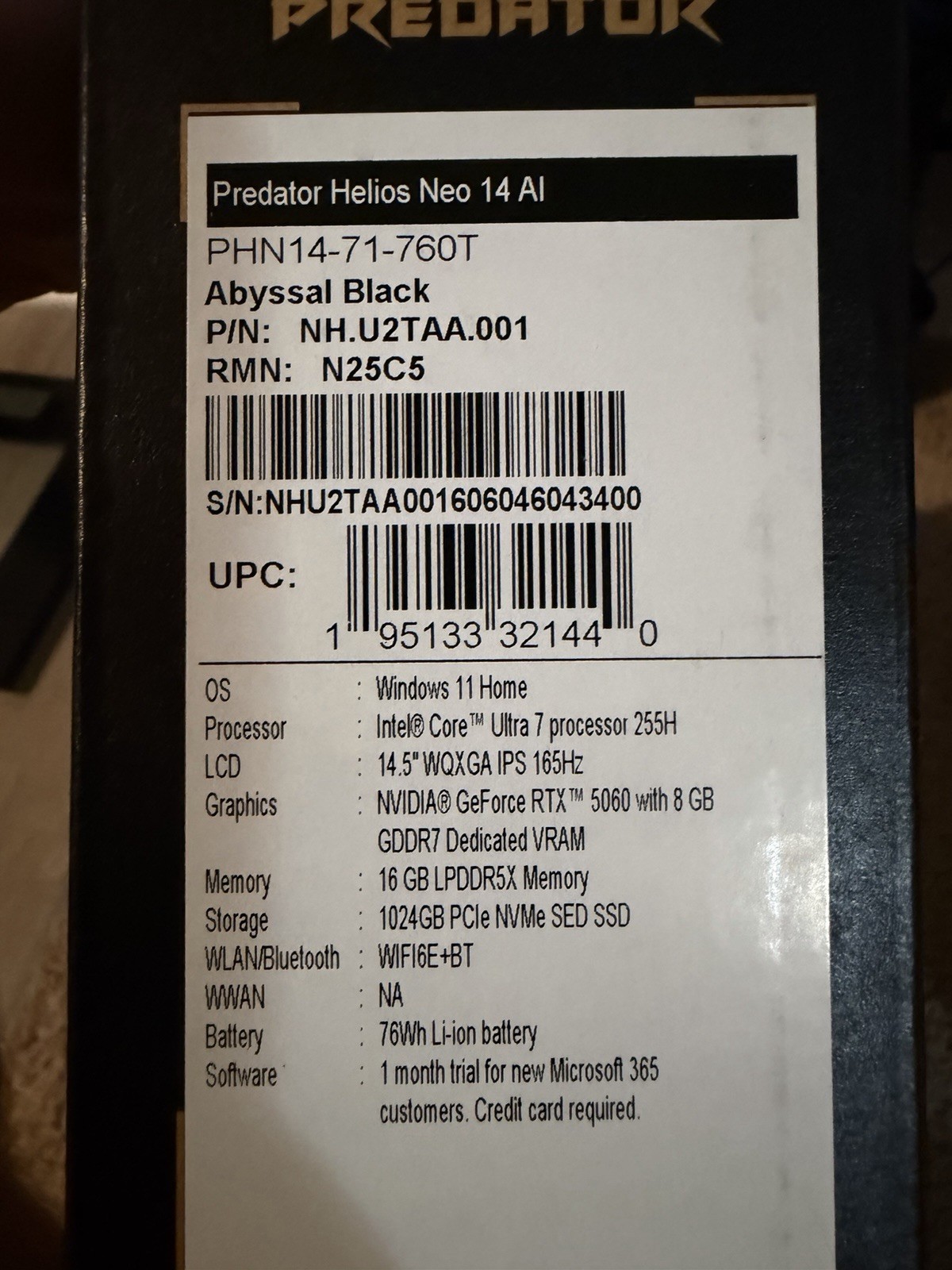 Acer Predator Helios Neo 14 AI RTX 5060 Ultra 7 255H 16GB 1TB