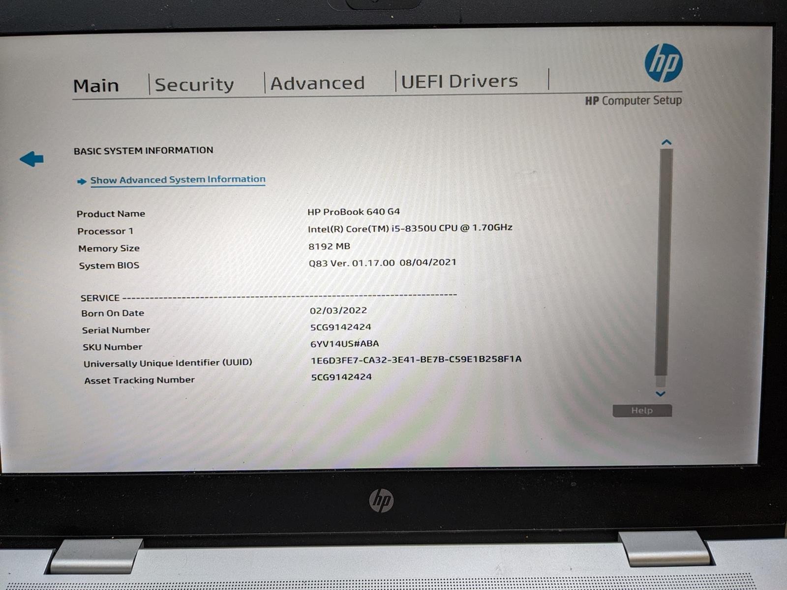 HP PROBOOK 640 G4 i5-8350U @ 1.7GHz, 8GB RAM, NO HDD/OS