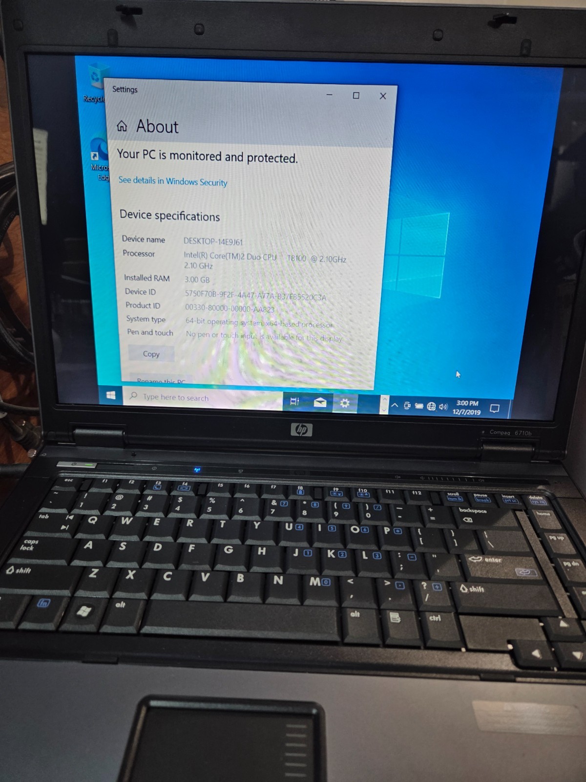 HP Compaq 6710b 15.4″ T7300 Intel Core 2 Duo 3 Gig Ram 250 Gig HDD Win 10PRO