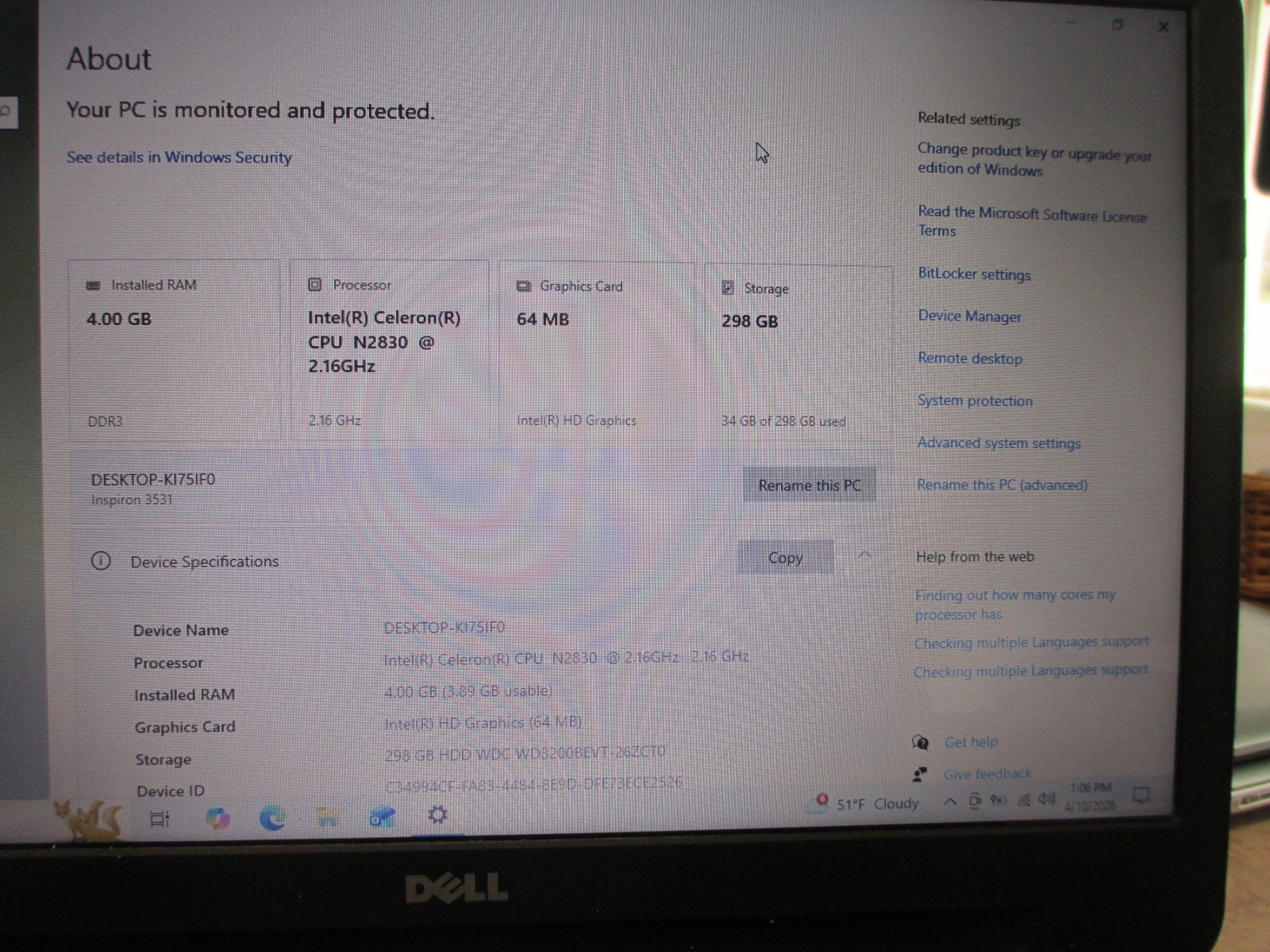 No Battery! Dell Inspiron 15 3531 Intel Celeron N2830 2.16GHz 350GB HDD 4GB RAM