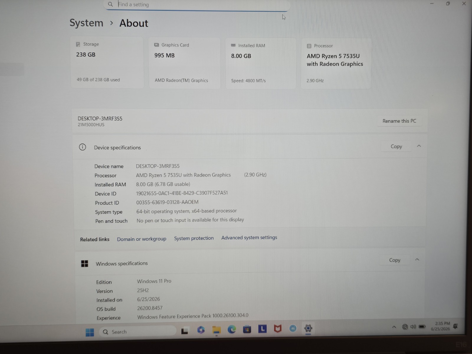 Lenovo ThinkPad E16 Gen 2 16″ IPS Ryzen 5 7535U 2.9GHz 8GB RAM 256GB SSD WIN11P
