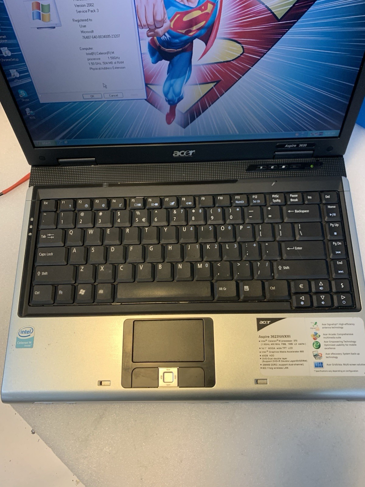 Acer Aspire 3623NWXMi Celeron 1.5GHZ 512MB 40GB laptop Windows XP pro SP3