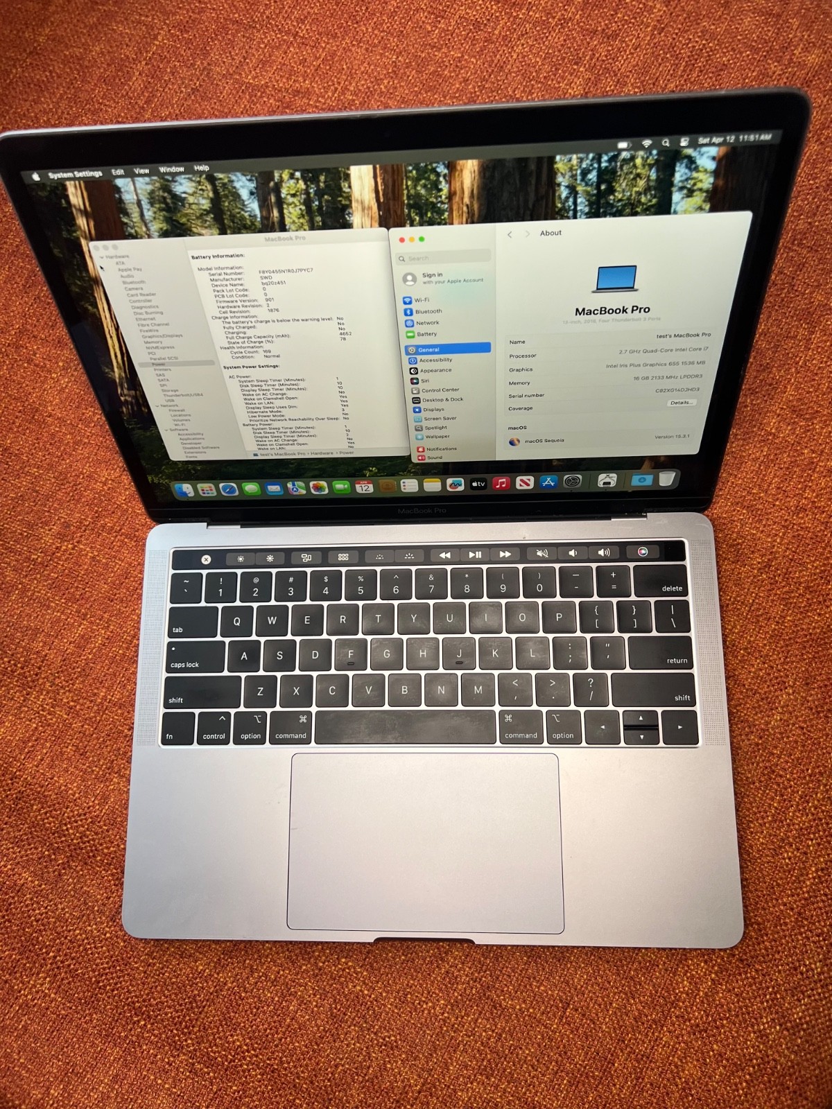 APPLE MacBook Pro 2018 Core i7 2.7 13″ 16GB RAM 2TB A1989 170 Battery Cycles!