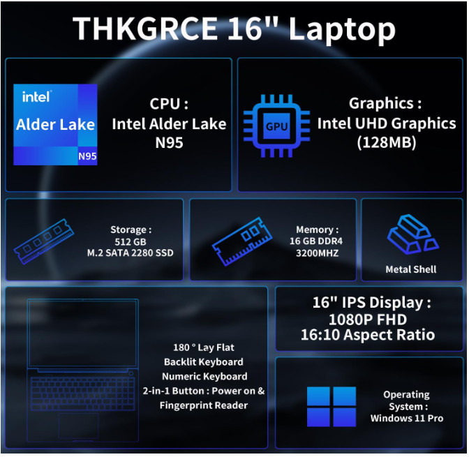 Laptop Computer, Quad-Core N95 Processor(Up to 3.4GHz), 16GB DDR4 512GB SSD, 16“