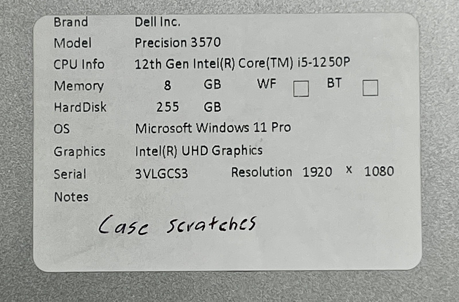 Dell Precision 3570 intel core i5-1250P, 8Gb, 256GB, Windows 11 Pro