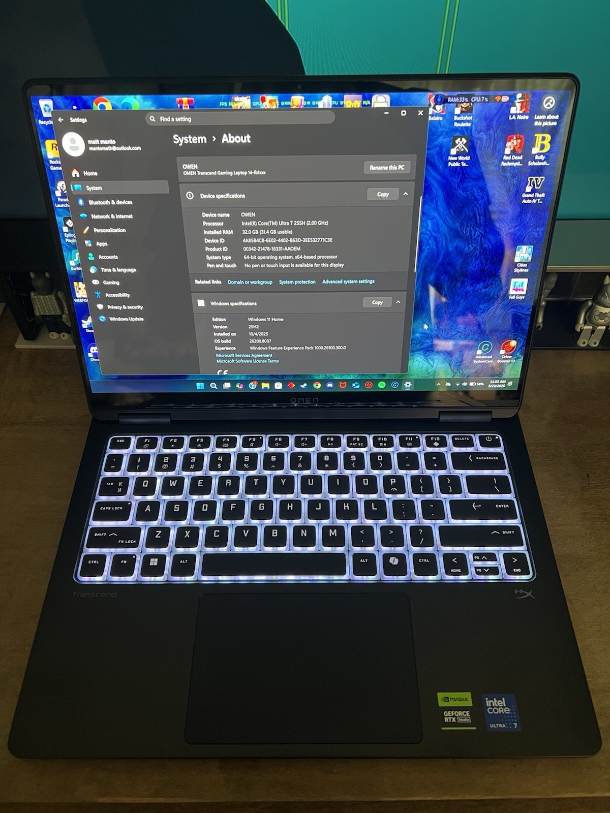 HP OMEN Transcend 14″ 2880 x 1800 ULTRA 7 255H 1TB SSD 32GB W11 RTX 5060 120Hz