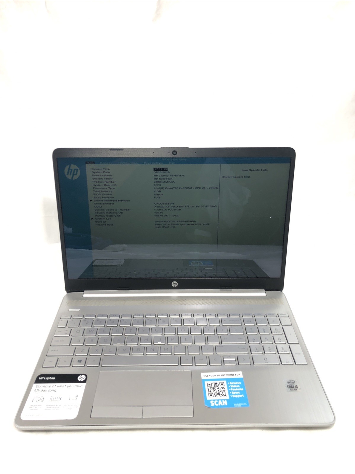 HP Laptop 15-dw2xxx, Intel Core i3-1005G1 @1.20Ghz, 4GB RAM, NO SSD/OS, Tested!